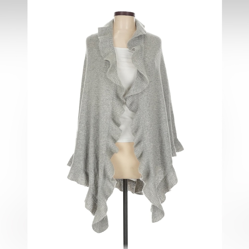 White + Warren Cashmere Shawl Gray Heathered Poncho Ruffle Wrap - OS